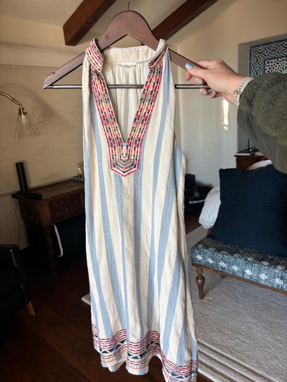 THML Blue & White Striped Halter Dress with Embroidered V-Neck